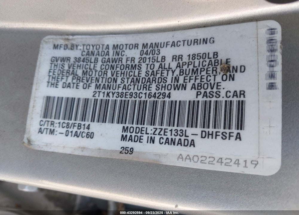 2003 TOYOTA MATRIX XRS VIN: 2T1KY38E93C164294