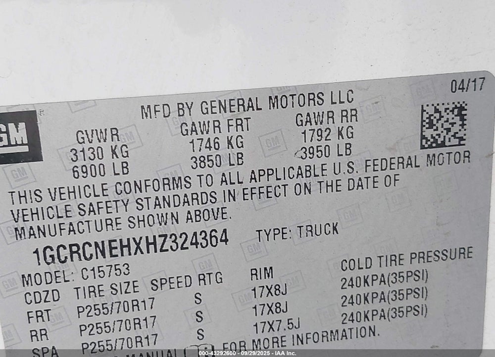 2017 CHEVROLET SILVERADO 1500 WT VIN: 1GCRCNEHXHZ324364