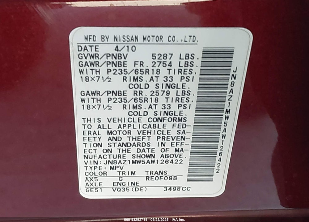 2010 NISSAN MURANO VIN: JN8AZ1MW5AW126422