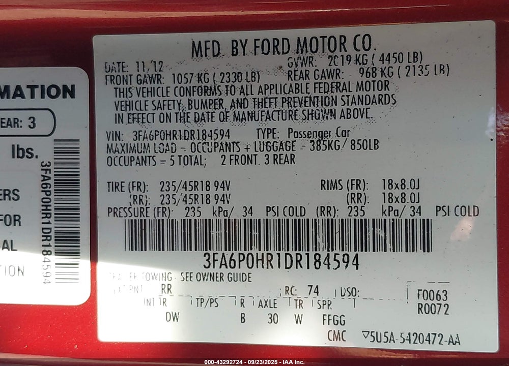 2013 FORD FUSION VIN: 3FA6P0HR1DR184594