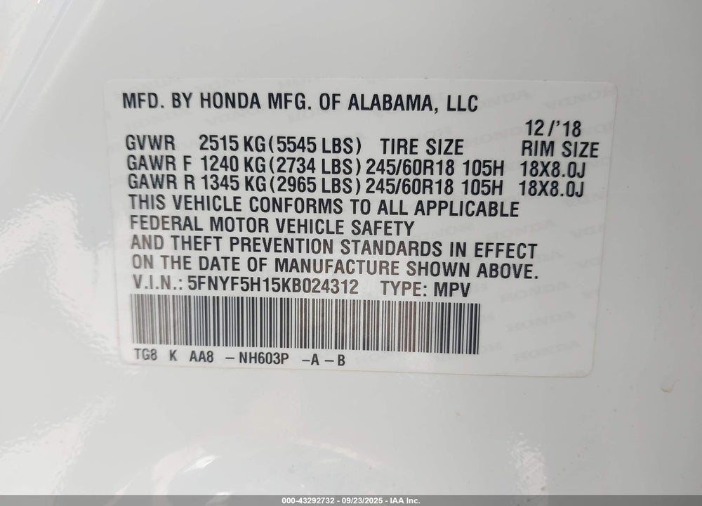 2019 HONDA PILOT VIN: 5FNYF5H15KB024312