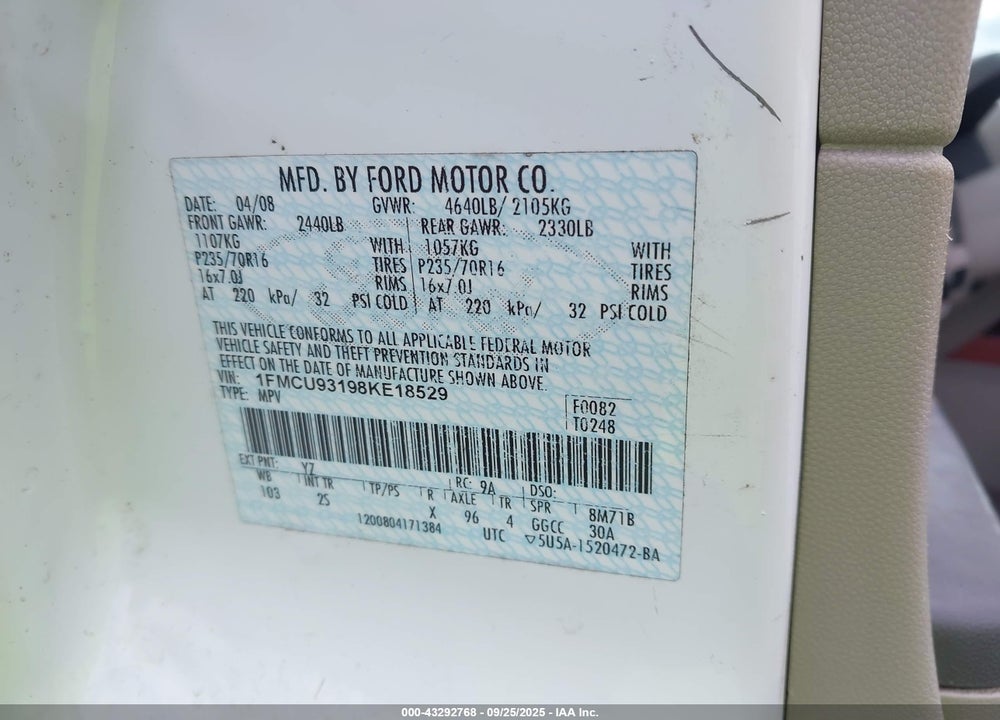 2008 FORD ESCAPE XLT VIN: 1FMCU93198KE18529