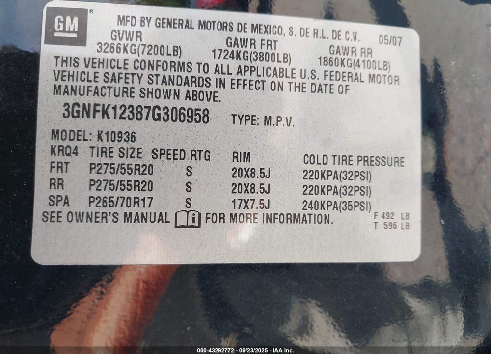 2007 CHEVROLET AVALANCHE 1500 LT VIN: 3GNFK12387G306958