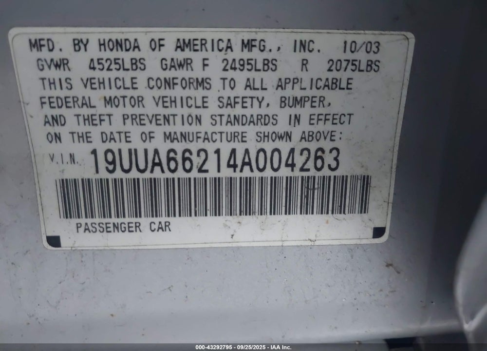 2004 ACURA TL VIN: 19UUA66214A004263