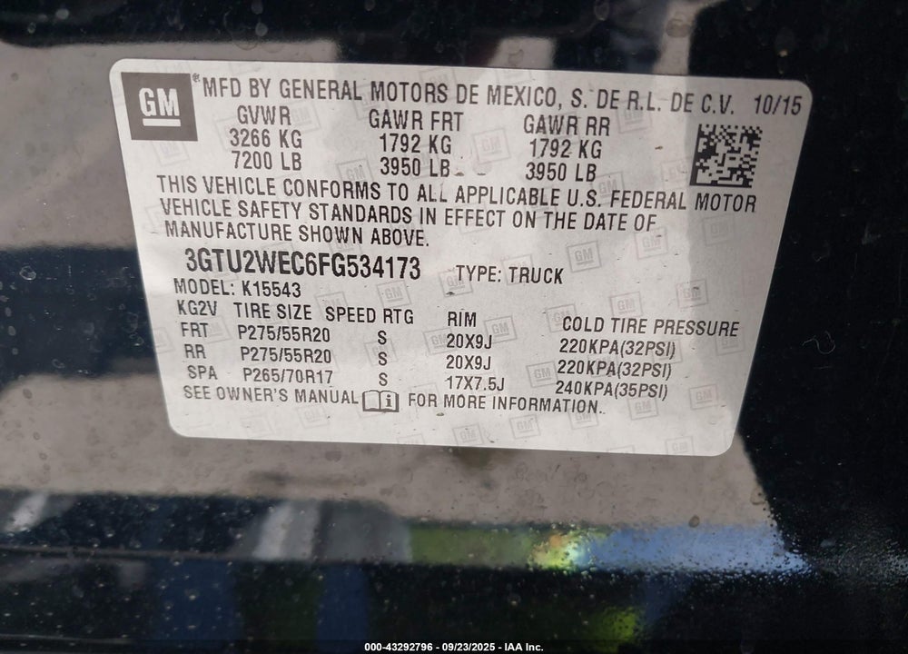 2015 GMC SIERRA 1500 VIN: 3GTU2WEC6FG534173