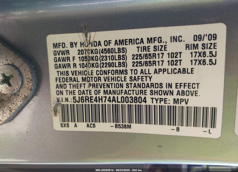 2010 HONDA CR-V VIN: 5J6RE4H74AL003804