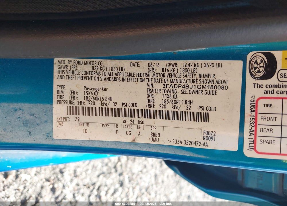 2016 FORD FIESTA VIN: 3FADP4BJ1GM180080