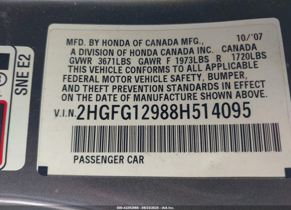2008 HONDA CIVIC EX-L VIN: 2HGFG12988H514095