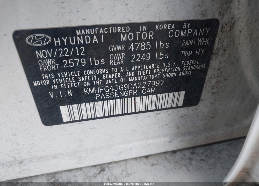 2013 HYUNDAI AZERA VIN: KMHFG4JG9DA227997