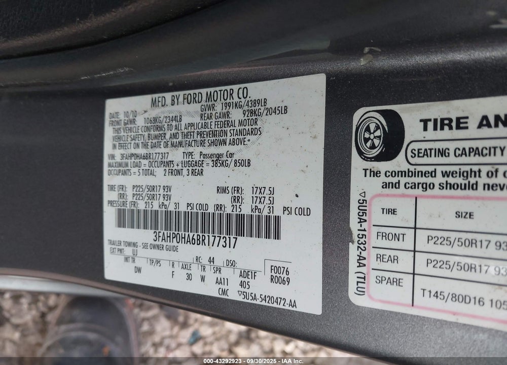 2011 FORD FUSION VIN: 3FAHP0HA6BR177317
