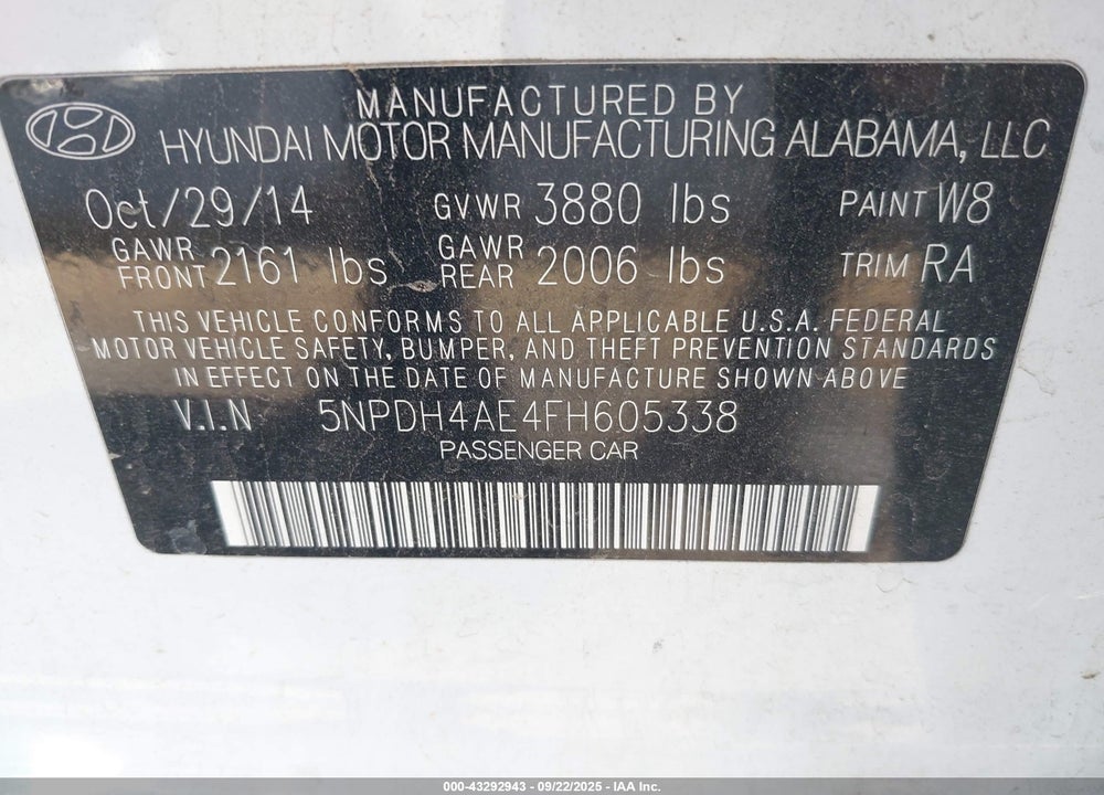 2015 HYUNDAI ELANTRA VIN: 5NPDH4AE4FH605338