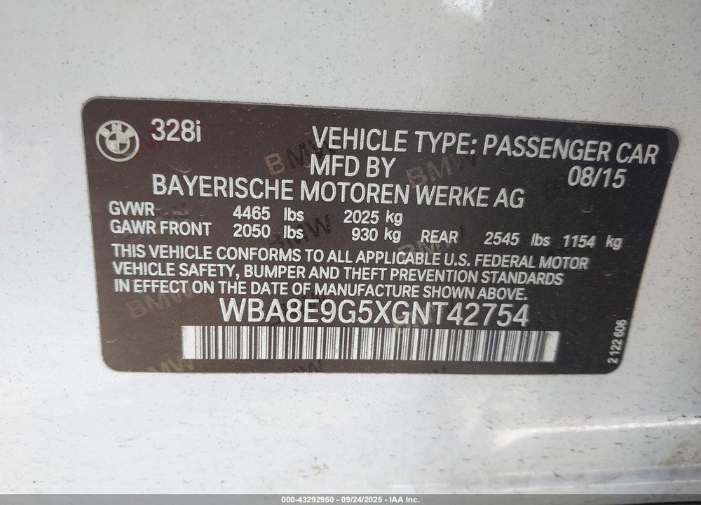 2016 BMW 328I VIN: WBA8E9G5XGNT42754