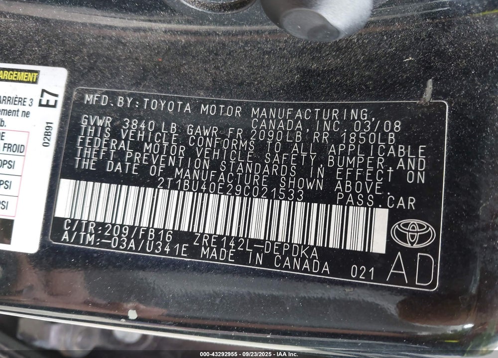 2009 TOYOTA COROLLA VIN: 2T1BU40E29C021533