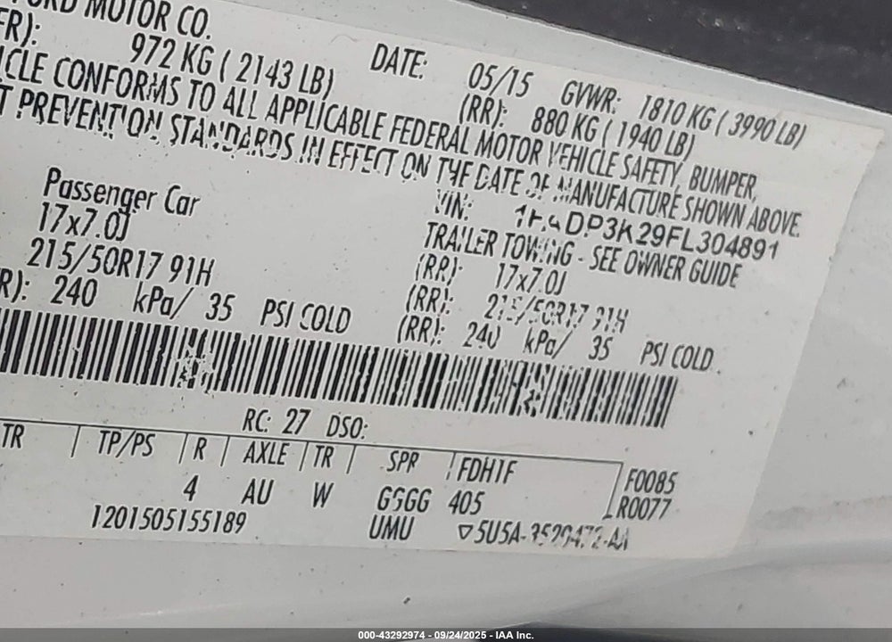 2015 FORD FOCUS VIN: 1FADP3K29FL304891