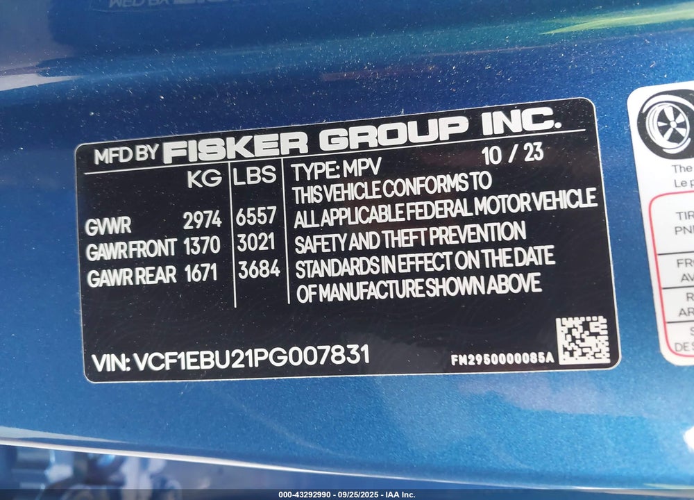 2023 FISKER OCEAN VIN: VCF1EBU21PG007831