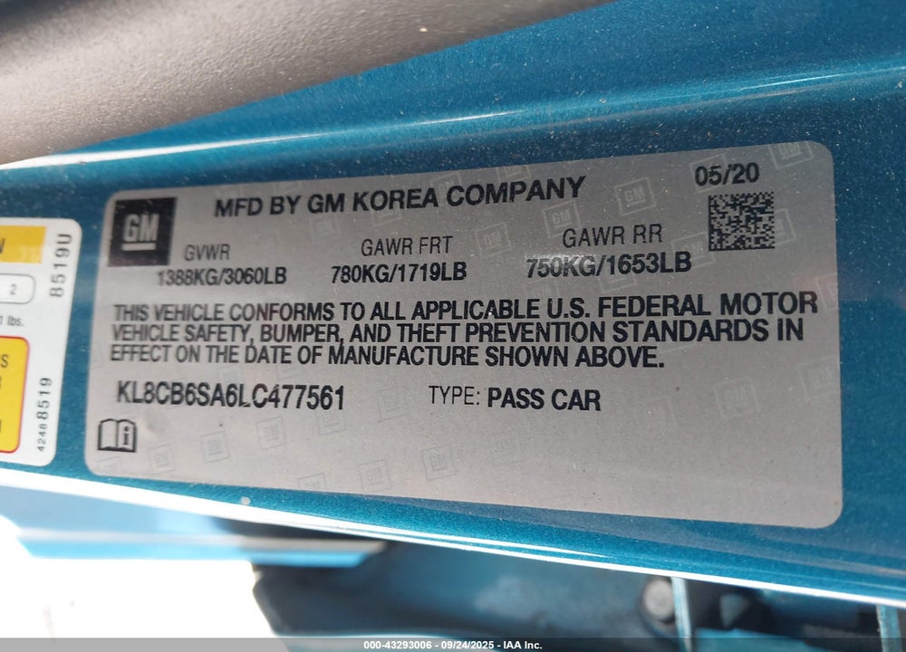2020 CHEVROLET SPARK FWD LS AUTOMATIC VIN: KL8CB6SA6LC477561