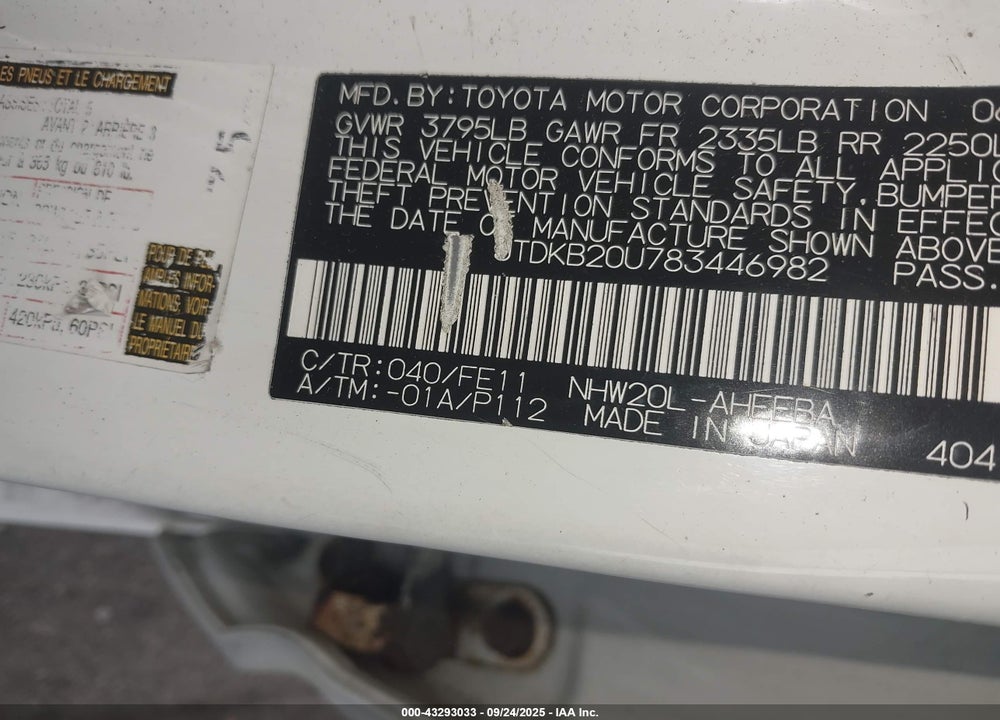 2008 TOYOTA PRIUS VIN: JTDKB20U783446982
