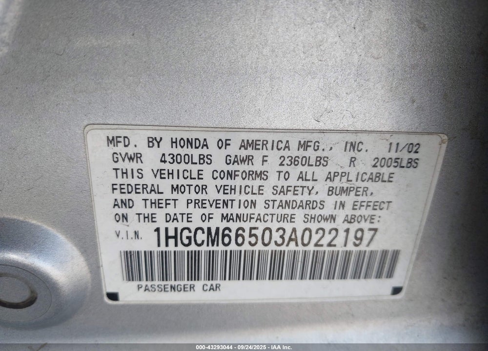 2003 HONDA ACCORD 3.0 EX VIN: 1HGCM66503A022197