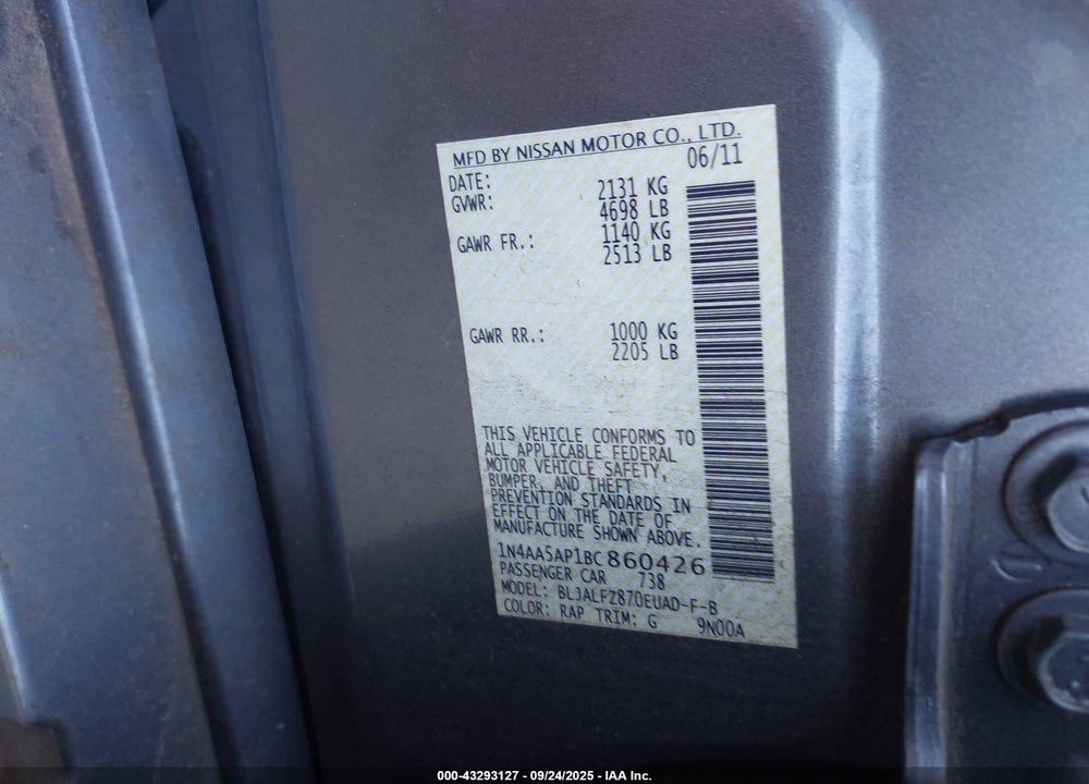 2011 NISSAN MAXIMA 3.5 SV VIN: 1N4AA5AP1BC860426
