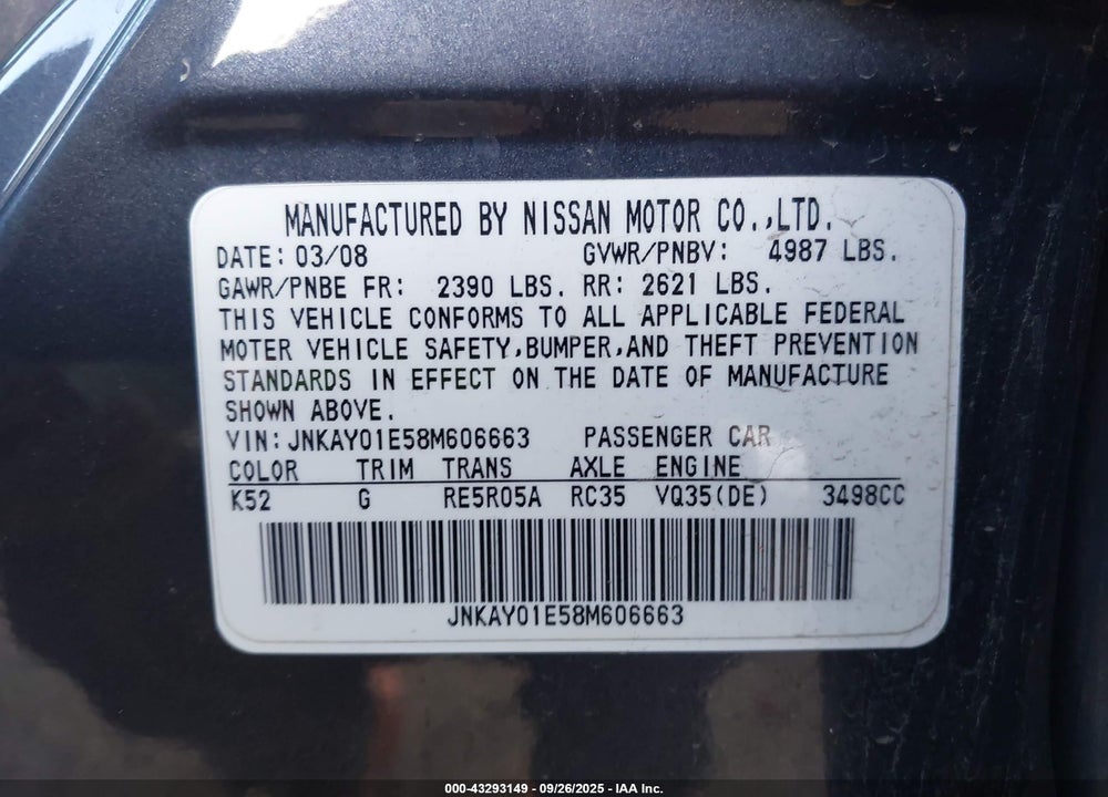 2008 INFINITI M35 VIN: JNKAY01E58M606663