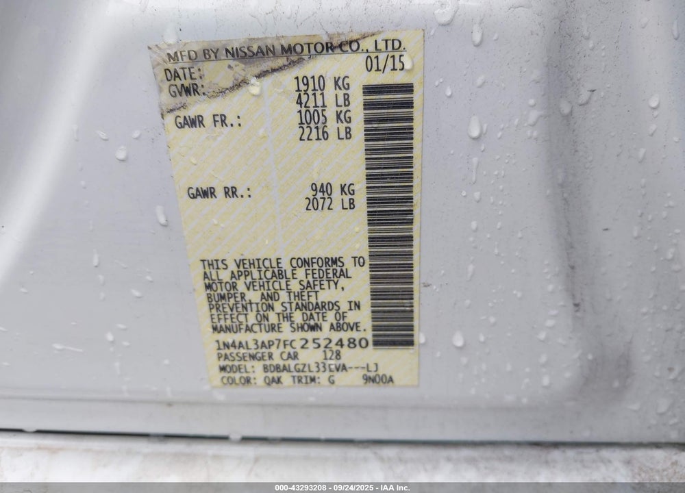 2015 NISSAN ALTIMA VIN: 1N4AL3AP7FC252480