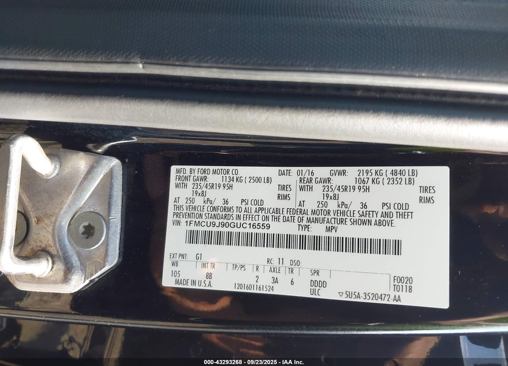 2016 FORD ESCAPE TITANIUM VIN: 1FMCU9J90GUC16559