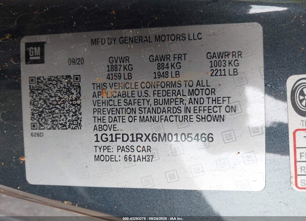2021 CHEVROLET CAMARO VIN: 1G1FD1RX6M0105466
