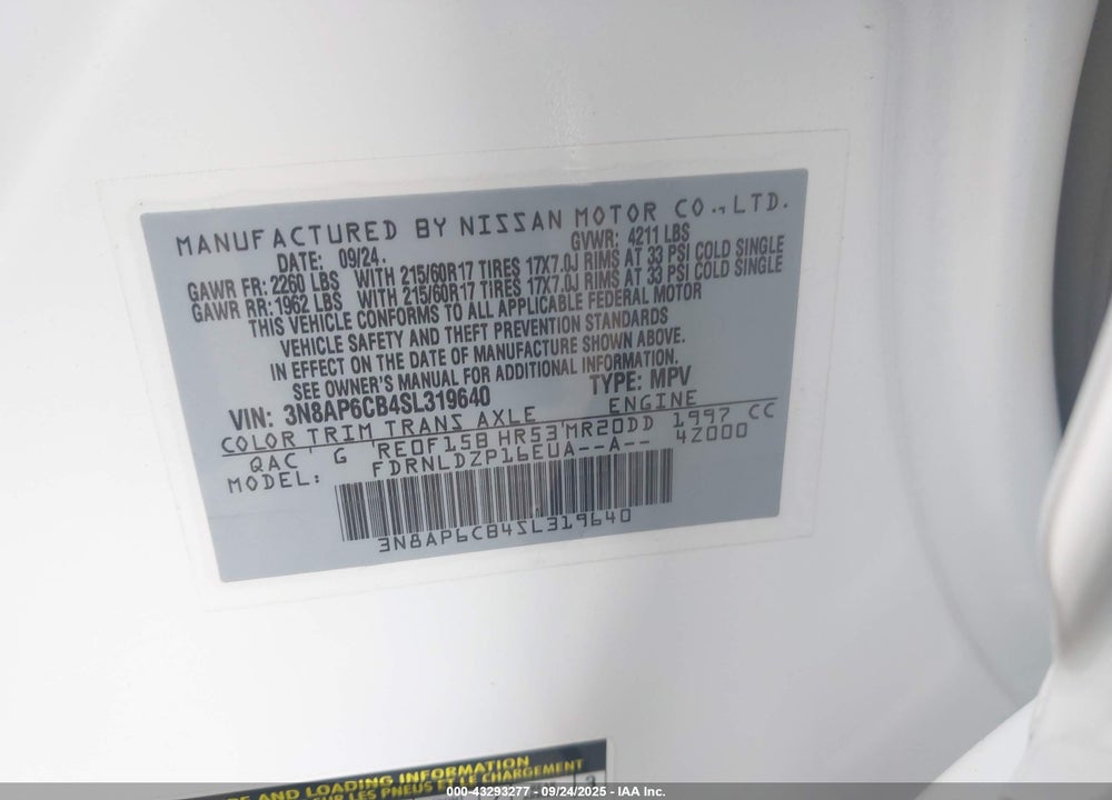 2025 NISSAN KICKS VIN: 3N8AP6CB4SL319640