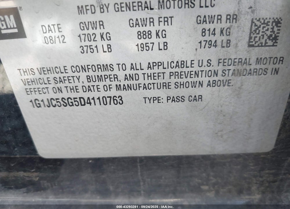 2013 CHEVROLET SONIC VIN: 1G1JC5SG5D4110763