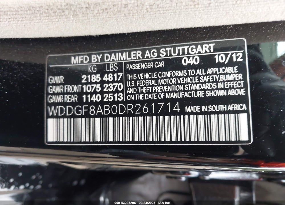 2013 MERCEDES-BENZ C CLASS VIN: WDDGF8AB0DR261714