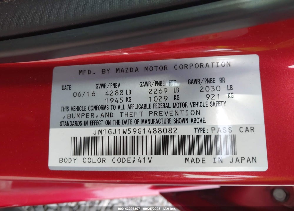 2016 MAZDA 6 I GRAND TOURING VIN: JM1GJ1W59G1488082