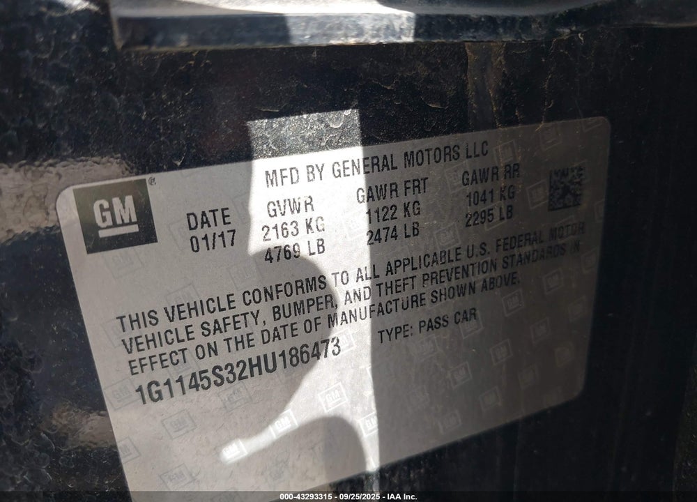 2017 CHEVROLET IMPALA 2LZ VIN: 1G1145S32HU186473