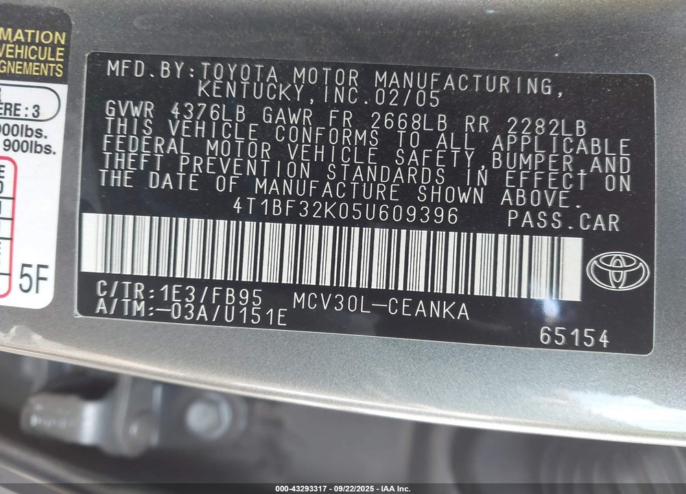 2005 TOYOTA CAMRY LE V6 VIN: 4T1BF32K05U609396