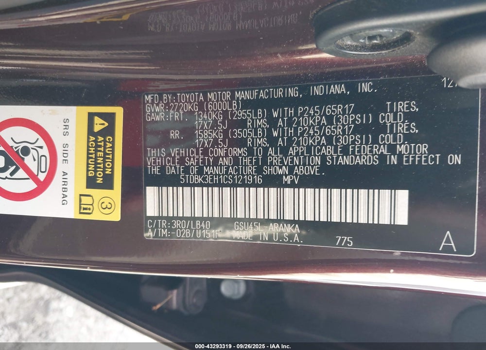 2012 TOYOTA HIGHLANDER SE V6 VIN: 5TDBK3EH1CS121916
