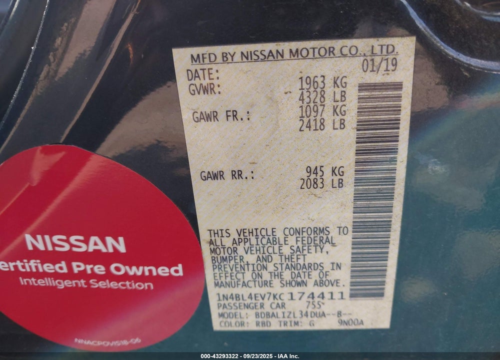 2019 NISSAN ALTIMA 2.5 SL VIN: 1N4BL4EV7KC174411