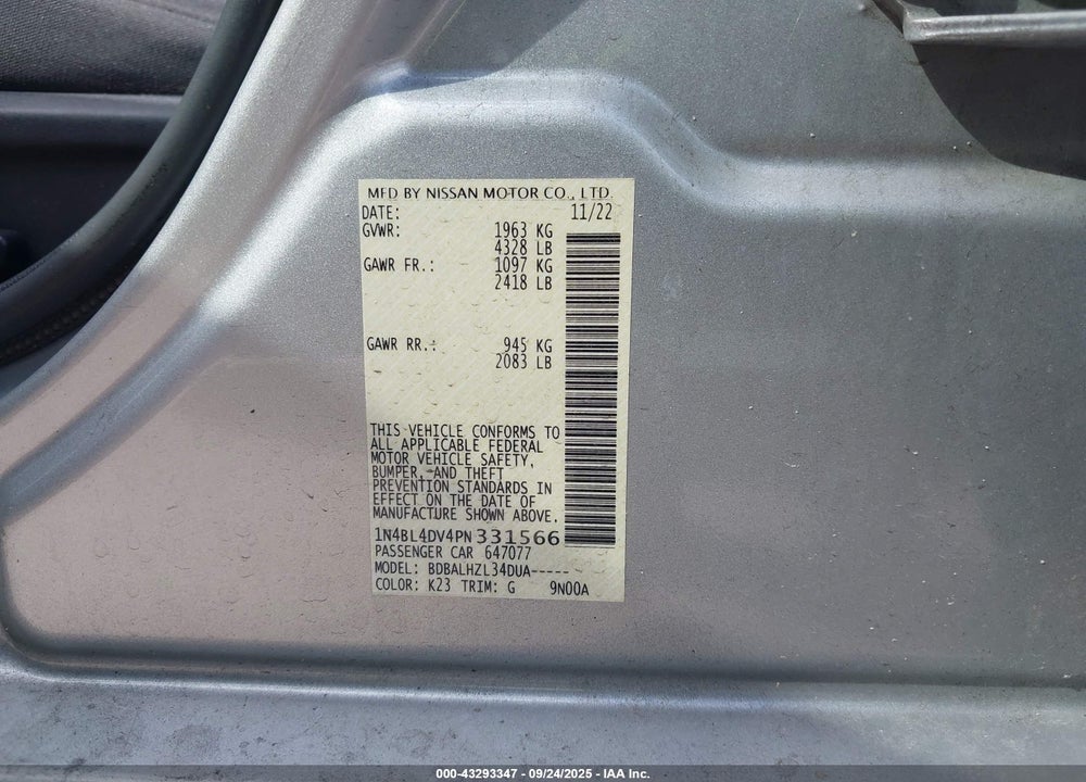 2023 NISSAN ALTIMA VIN: 1N4BL4DV4PN331566