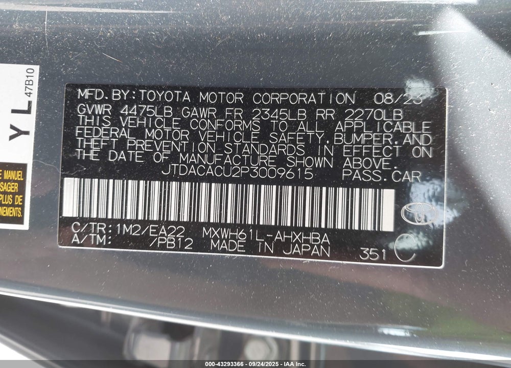 2023 TOYOTA PRIUS PRIME VIN: JTDACACU2P3009615