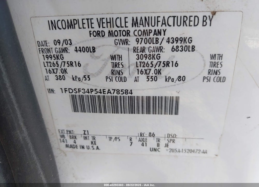 2004 FORD F-350 XL/XLT VIN: 1FDSF34P54EA78584