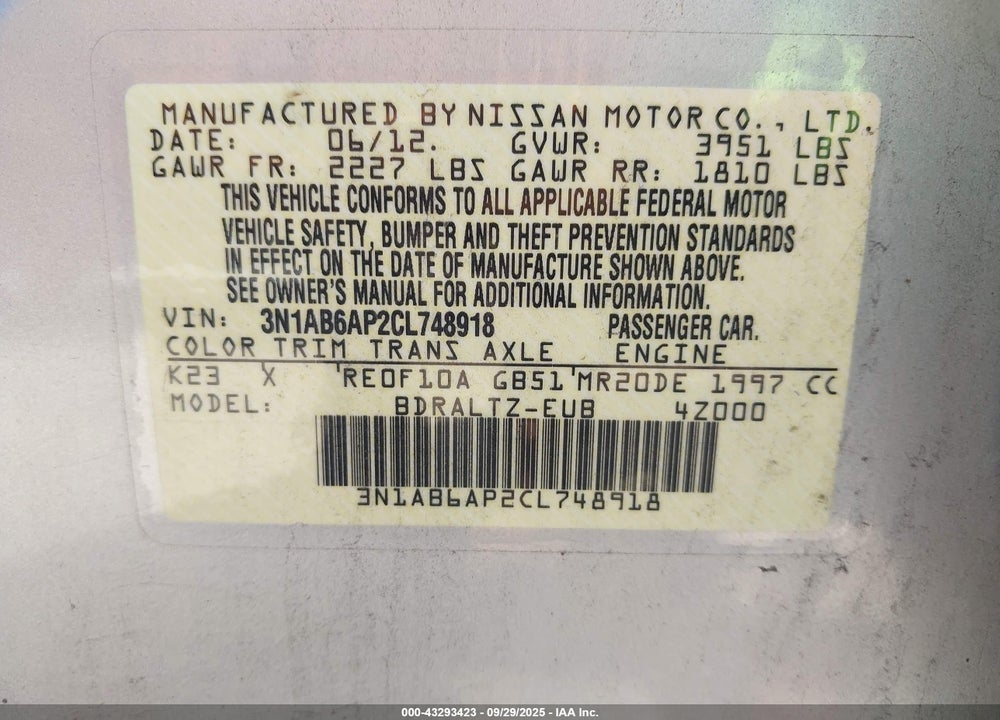 2012 NISSAN SENTRA VIN: 3N1AB6AP2CL748918