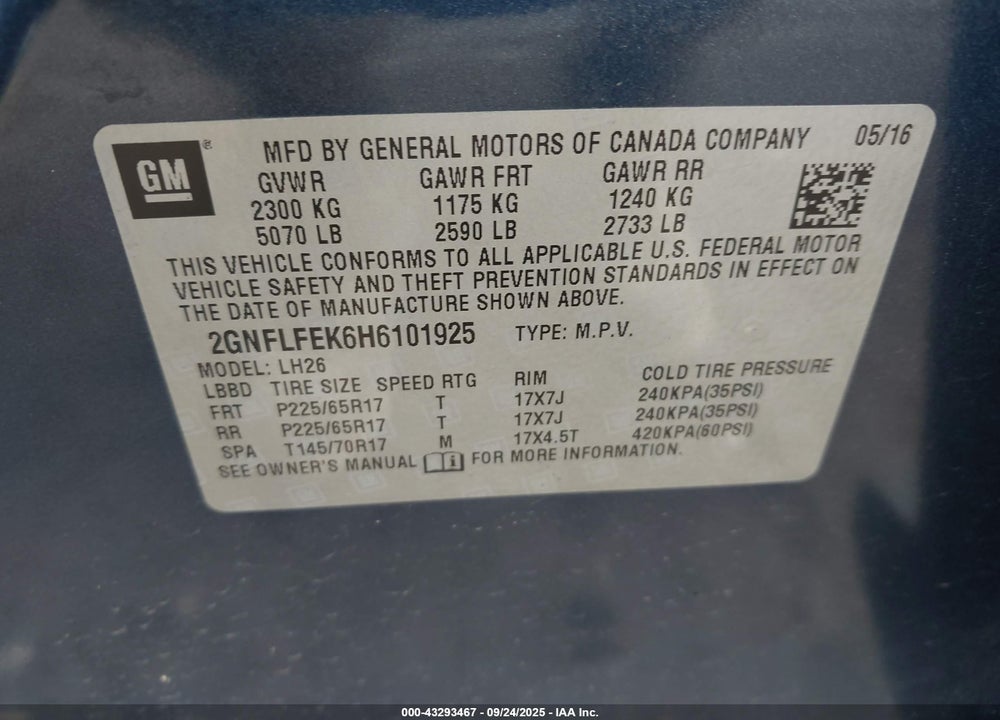 2017 CHEVROLET EQUINOX LT VIN: 2GNFLFEK6H6101925