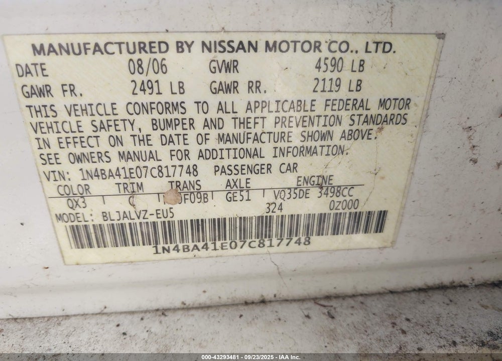 2007 NISSAN MAXIMA VIN: 1N4BA41E07C817748