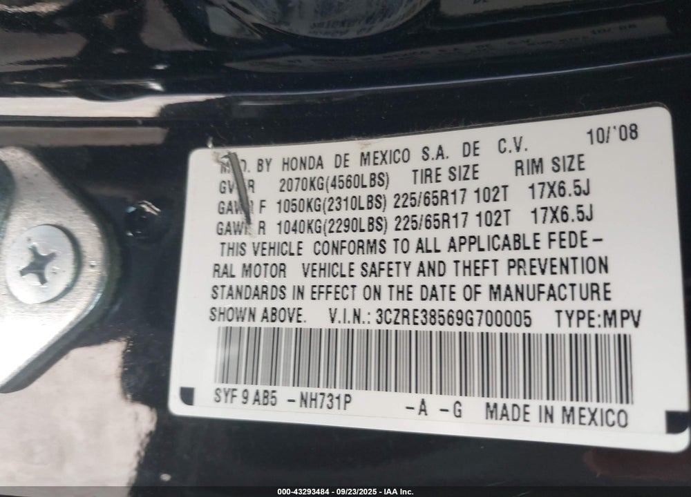 2009 HONDA CR-V EX VIN: 3CZRE38569G700005