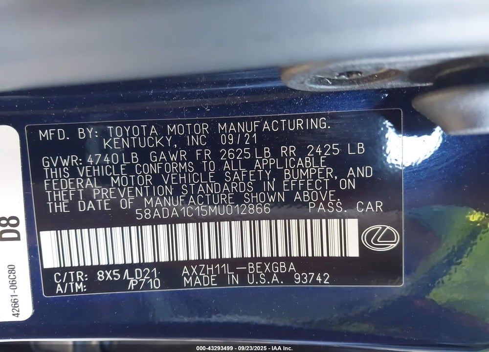 2021 LEXUS ES 300H VIN: 58ADA1C15MU012866