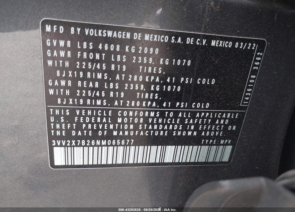 2022 VOLKSWAGEN TAOS 1.5T SEL VIN: 3VV2X7B26NM065677
