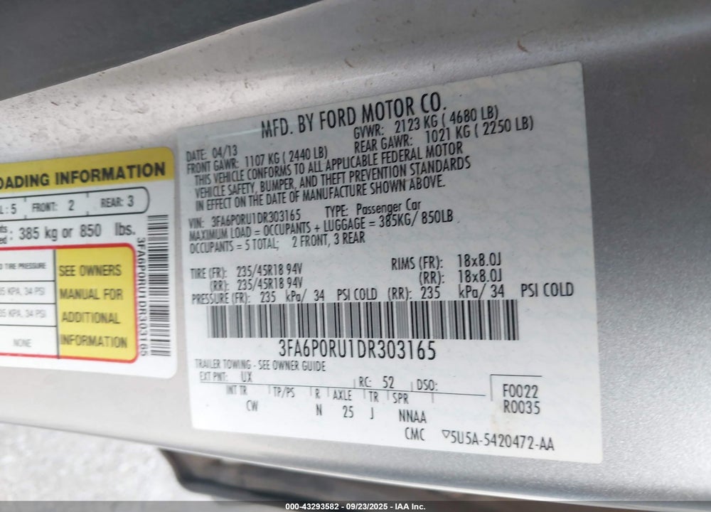 2013 FORD FUSION HYBRID TITANIUM VIN: 3FA6P0RU1DR303165