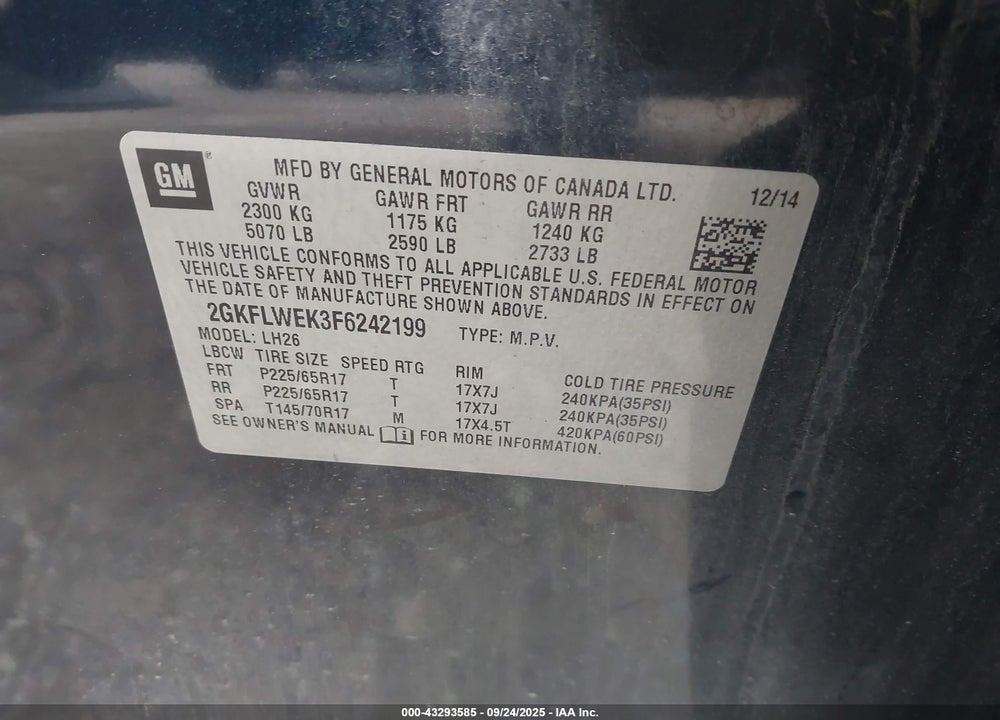 2015 GMC TERRAIN SLE-2 VIN: 2GKFLWEK3F6242199