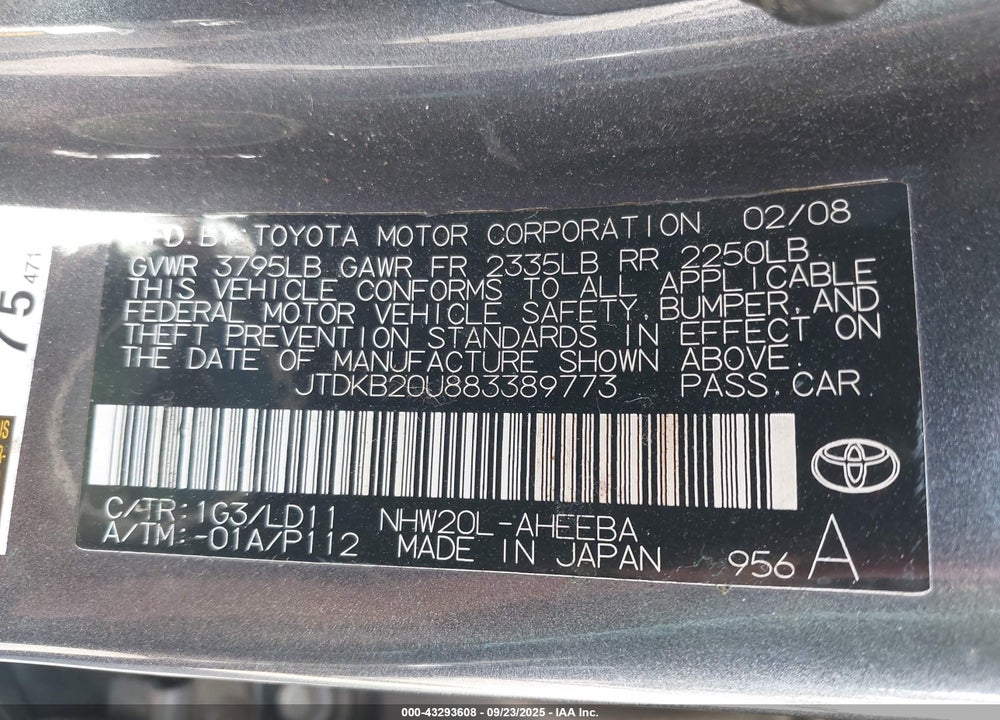 2008 TOYOTA PRIUS VIN: JTDKB20U883389773