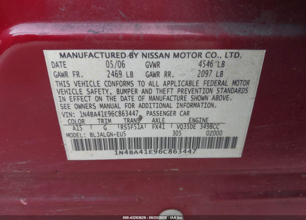 2006 NISSAN MAXIMA VIN: 1N4BA41E96C863447