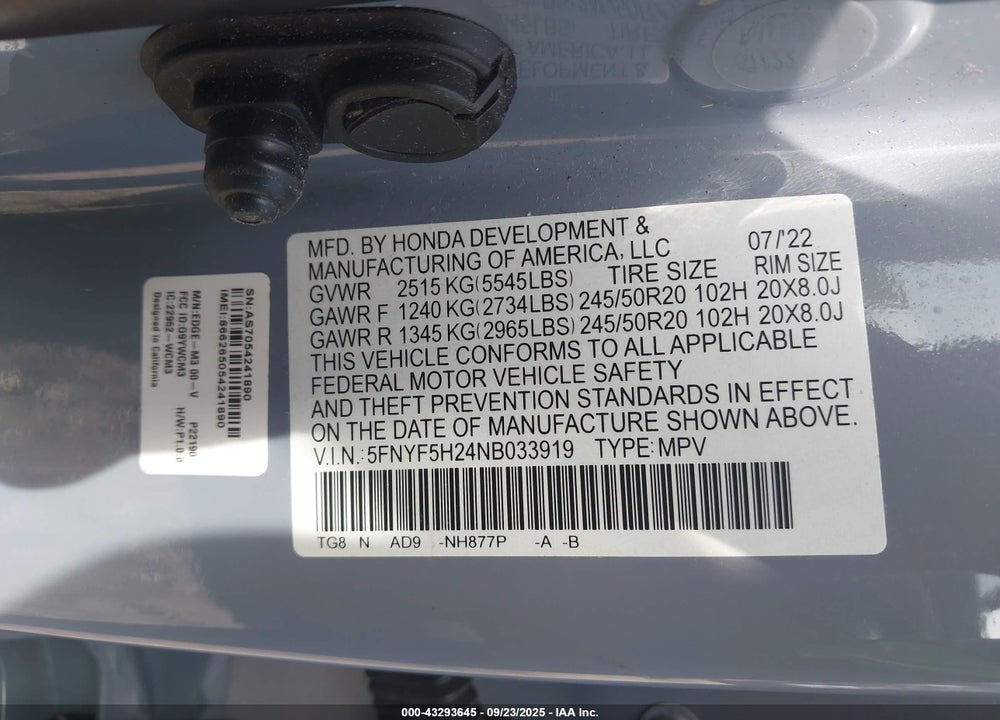 2022 HONDA PILOT 2WD SPECIAL EDITION VIN: 5FNYF5H24NB033919