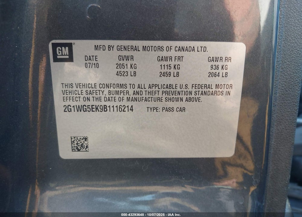 2011 CHEVROLET IMPALA VIN: 2G1WG5EK9B1116214